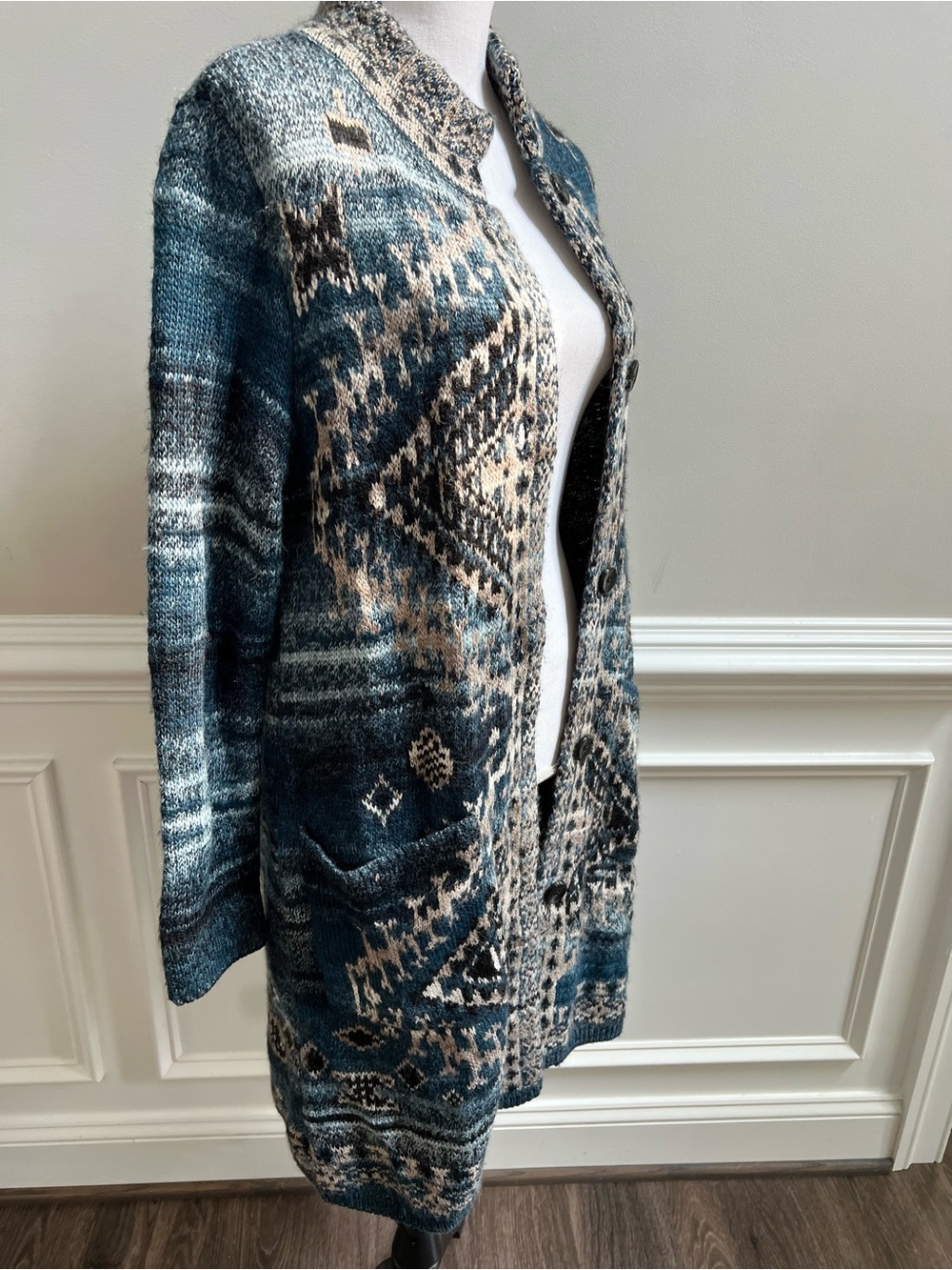 J. Jill Southwestern Aztec Long Cardigan Sweater Duster Blue Boho Knit Jacket S - Picture 8 of 10
